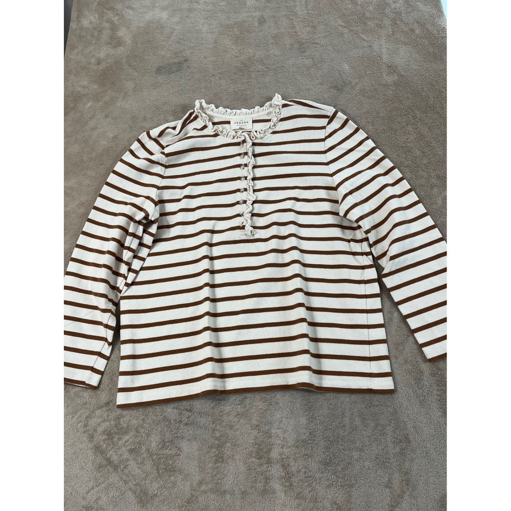 Sézane Gael Mariniere Top Women's Size XL cream brown Striped Ruffled Collar EUC